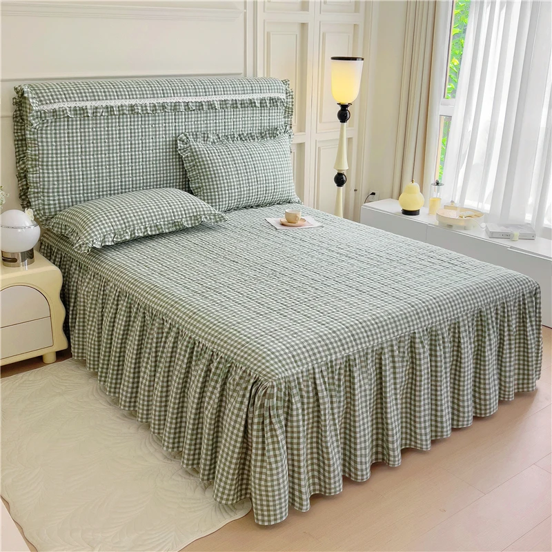 Bed Skirt One-Piece Cotton Pure Yarn-dyed Washed Apron Bedspread Sheet Four Seasons Universal with Skir...