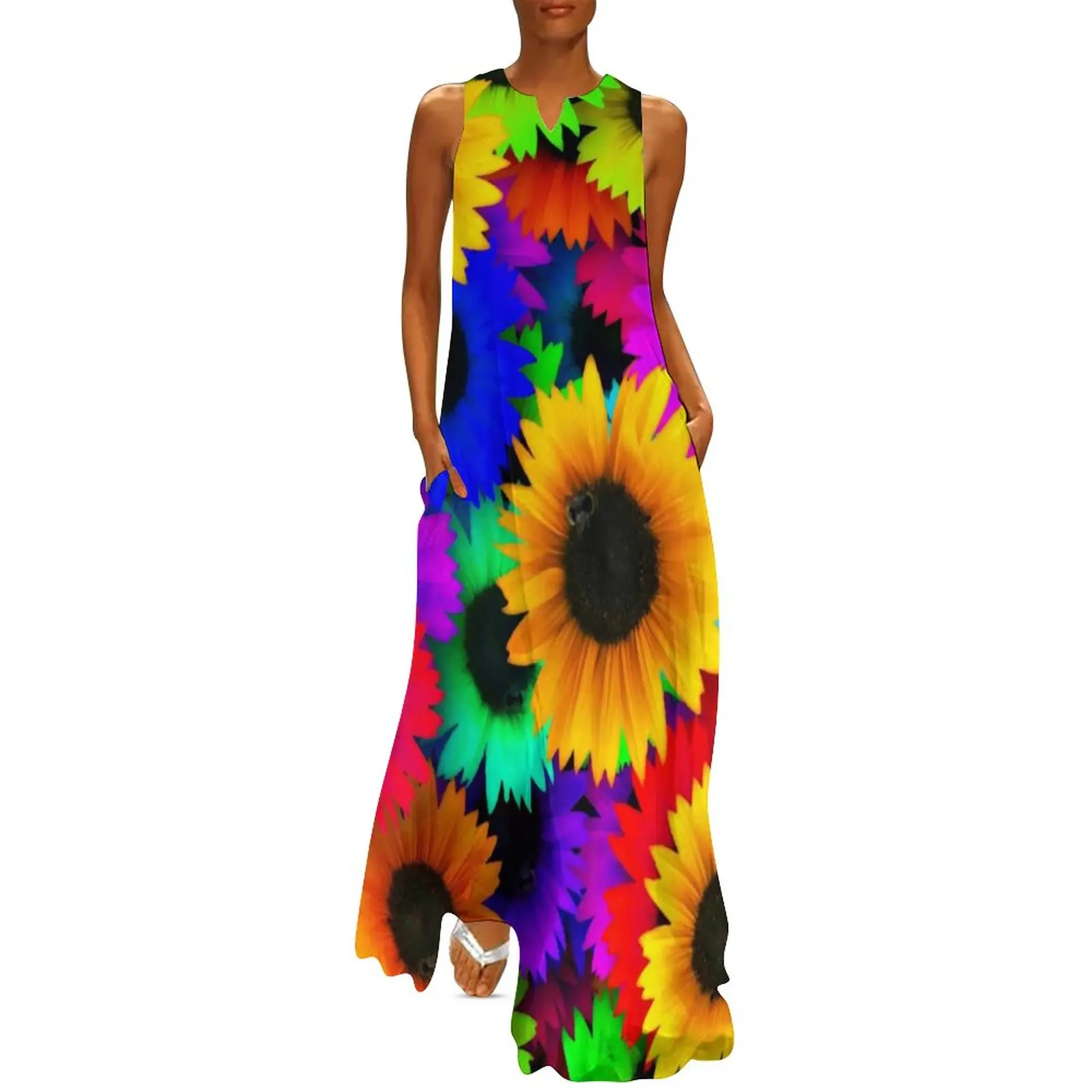 

Colorful Sunflower Dress Cheerful Flowers Print Cute Maxi Dress Street Style Casual Long Dresses Womens V Neck Oversized Vestido