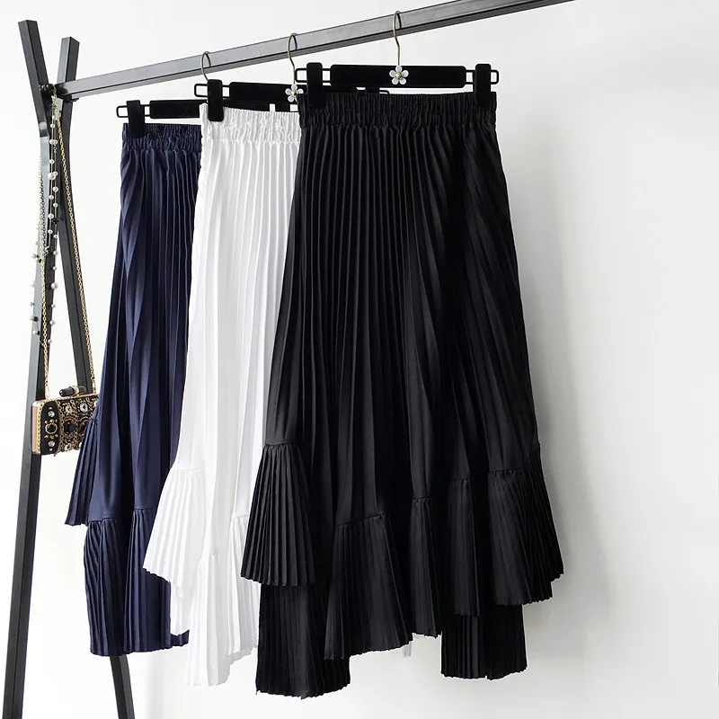 

Pleated Chiffon Skirt Faldas Largas Elegantes female Sweet Black mid-Length Skirts 2021 fall Korean Irregular soild color Skirt