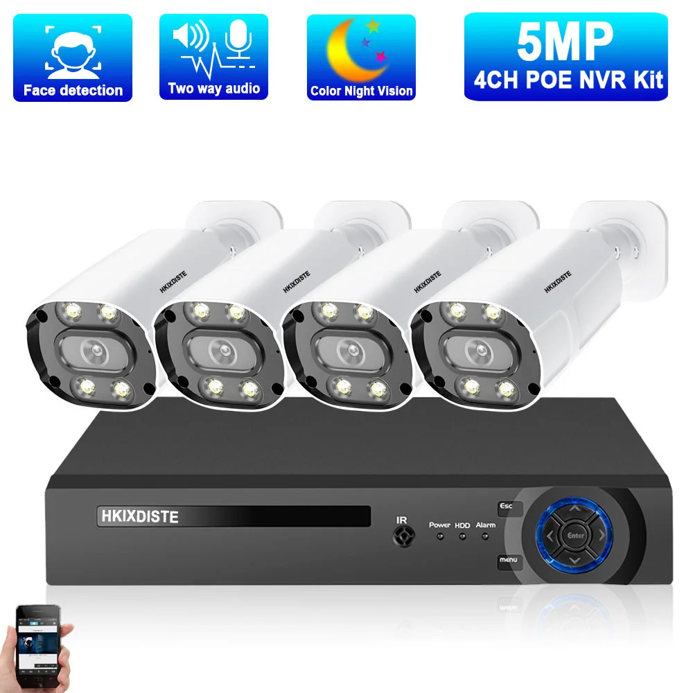 

CCTV Security Camera System 4K POE NVR Kit 4 Channel Outdoor Color Night Vision 5MP IP Bullet Camera Video Surveillance Kit 4CH
