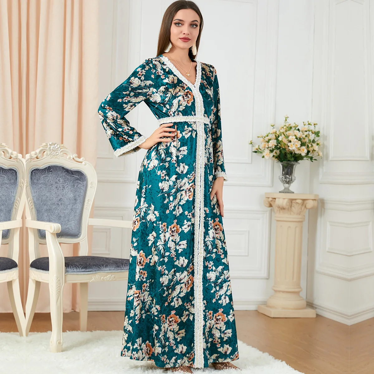 

Muslin Dress For Autumn Winter Abaya Kaftan V-neck Evening Dress Fashion Elegant Long Dress Dubai Turkish Moroccan Caftan Female