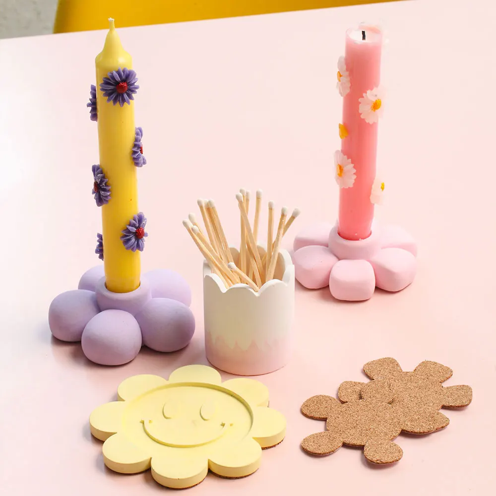 

Floral Smiley Face Candle Holder Kit Matchstick Holder Concrete Mold Silicone Cement Candlestick Coaster Mould Plaster Mold