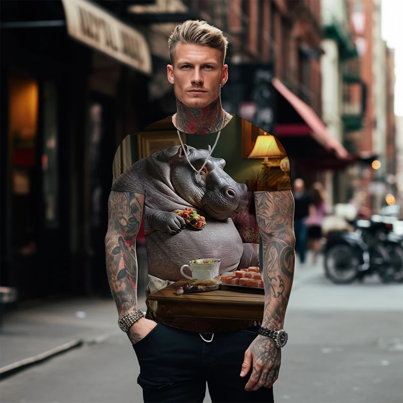 

Футболка мужская оверсайз с круглым вырезом, мягкая Свободная рубашка с коротким рукавом, уличная мода, топ с 3D-принтом в стиле бегемота, лето