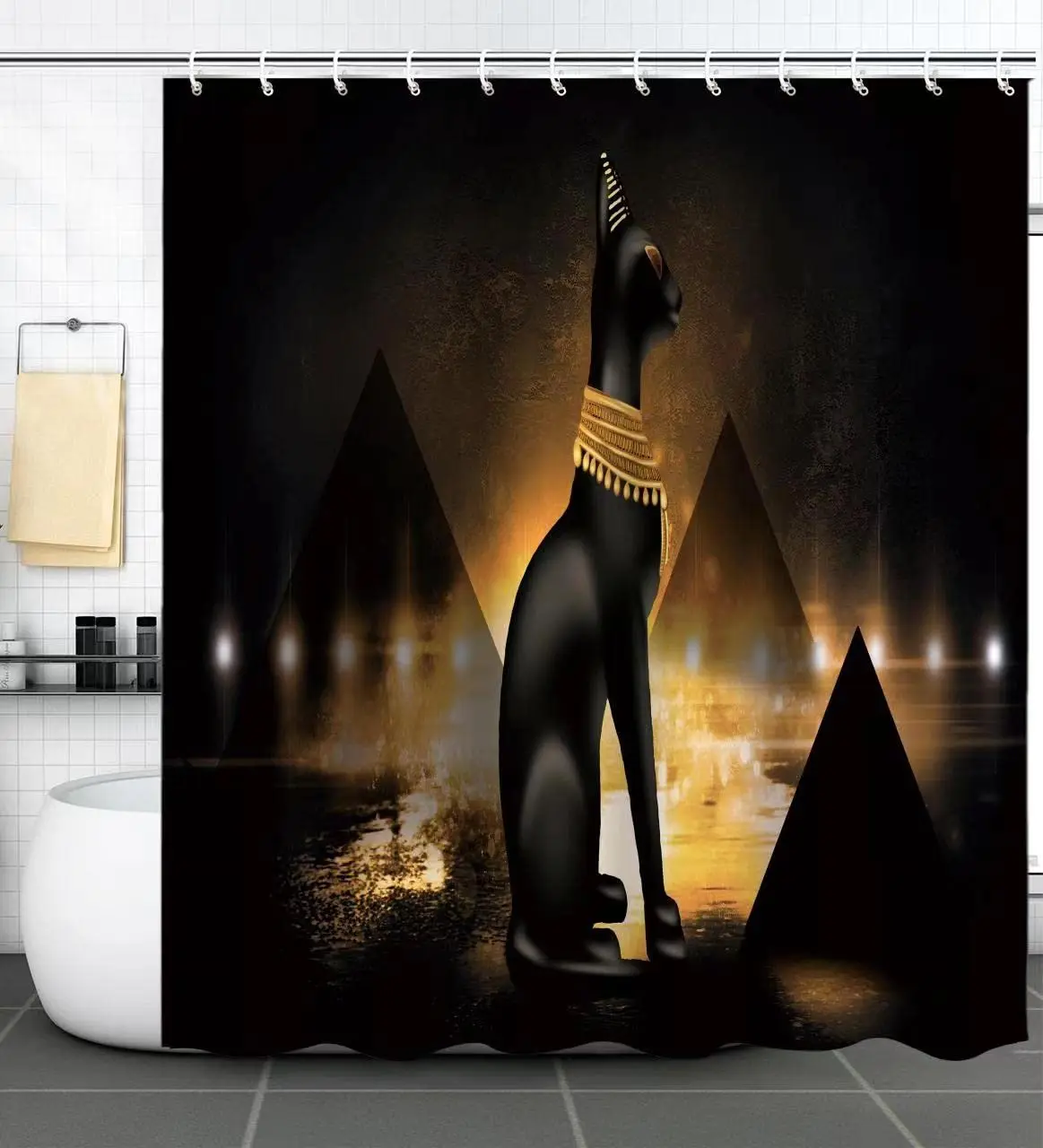 

Black Cat Shower Curtain Hippie Kitty Bathroom Curtain Gothic Retro Green Background Funny Animal Hipster Art Bathtub Decor