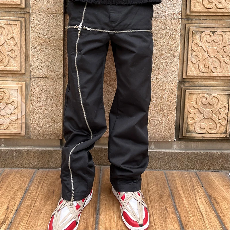 

Cross Zipper Decorate Solid White Black Mens Cargo Pants High Street Retro Straight Elastic Waist Casual Trousers Loose Overalls