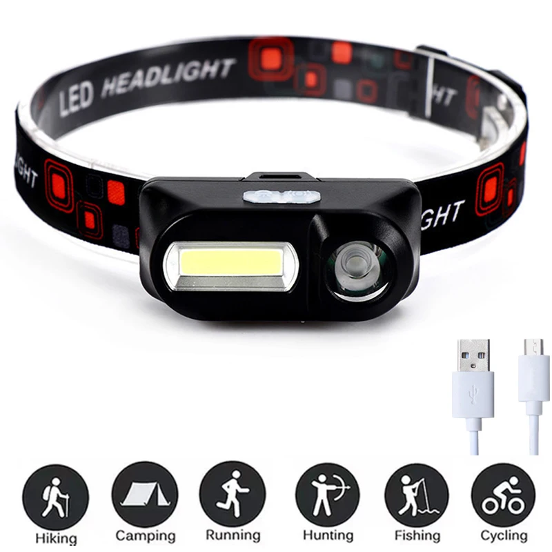 

USB Rechargeable Headlamp LED 6 modes XPE+COB Portable Headlight Waterproof Torch Head Lamp for Walking Running Camping Fishin