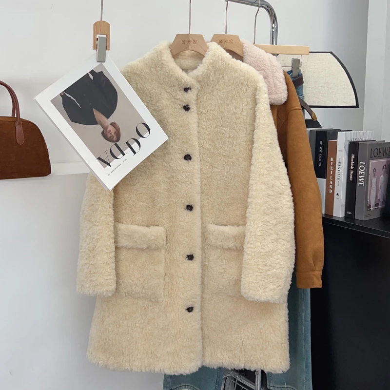 Korean Series 00% Wool Stand Collar Idle Sle Fur Integrated Outerwear Women 2024 Winter New Granular Fleece Coat