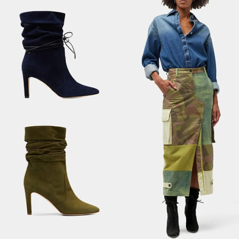 

Autumn and Winter New Women's Short Boots Imitation Suede Pleated High-heeled Boots European and American Fashion Women's Boots