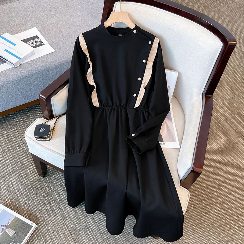 

Женское винтажное платье с длинным рукавом, черное свободное Повседневное платье с оборками, большие размеры 4XL 90 кг, зима