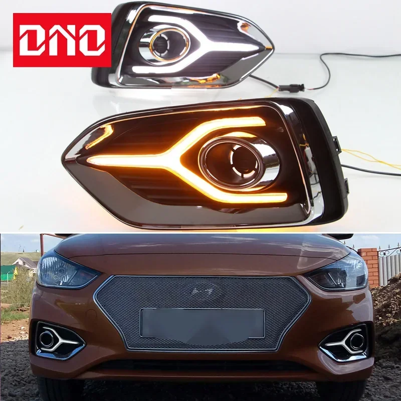 

Дневные ходовые огни для Hyundai Accent Solaris 2017-2019, желтый сигнал поворота, дневные ходовые огни, автомобильные лампы дальнего света