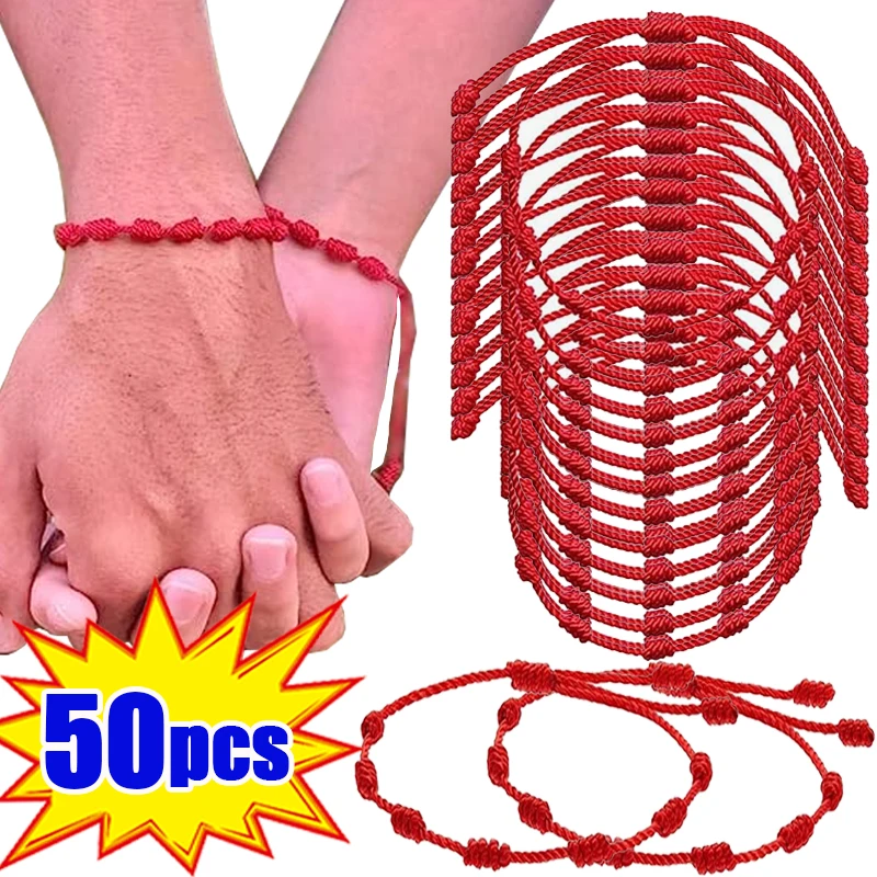 

50pcs Braid Rope Wristband Handmade 7 Knots Red String Bracelet for Lover Protection Lucky Amulet and Friendship Jewelry Gift