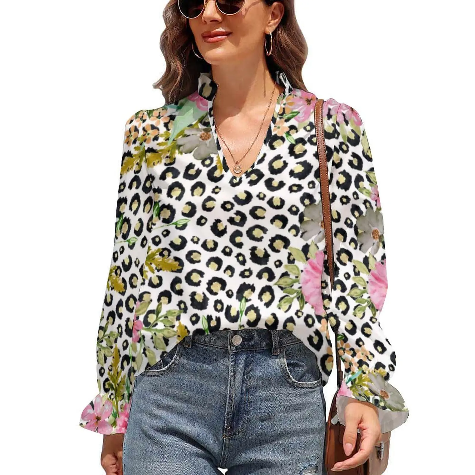 

Elegant Leopard Print Chiffon Blouse V Neck Pink Floral Design Kawaii Blouses Autumn Long-Sleeve Street Wear Shirt Pattern Tops