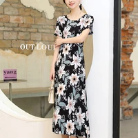 summer 2022 new womens printed casual long dress retro o neck plus size harajuku boho beach knee dress