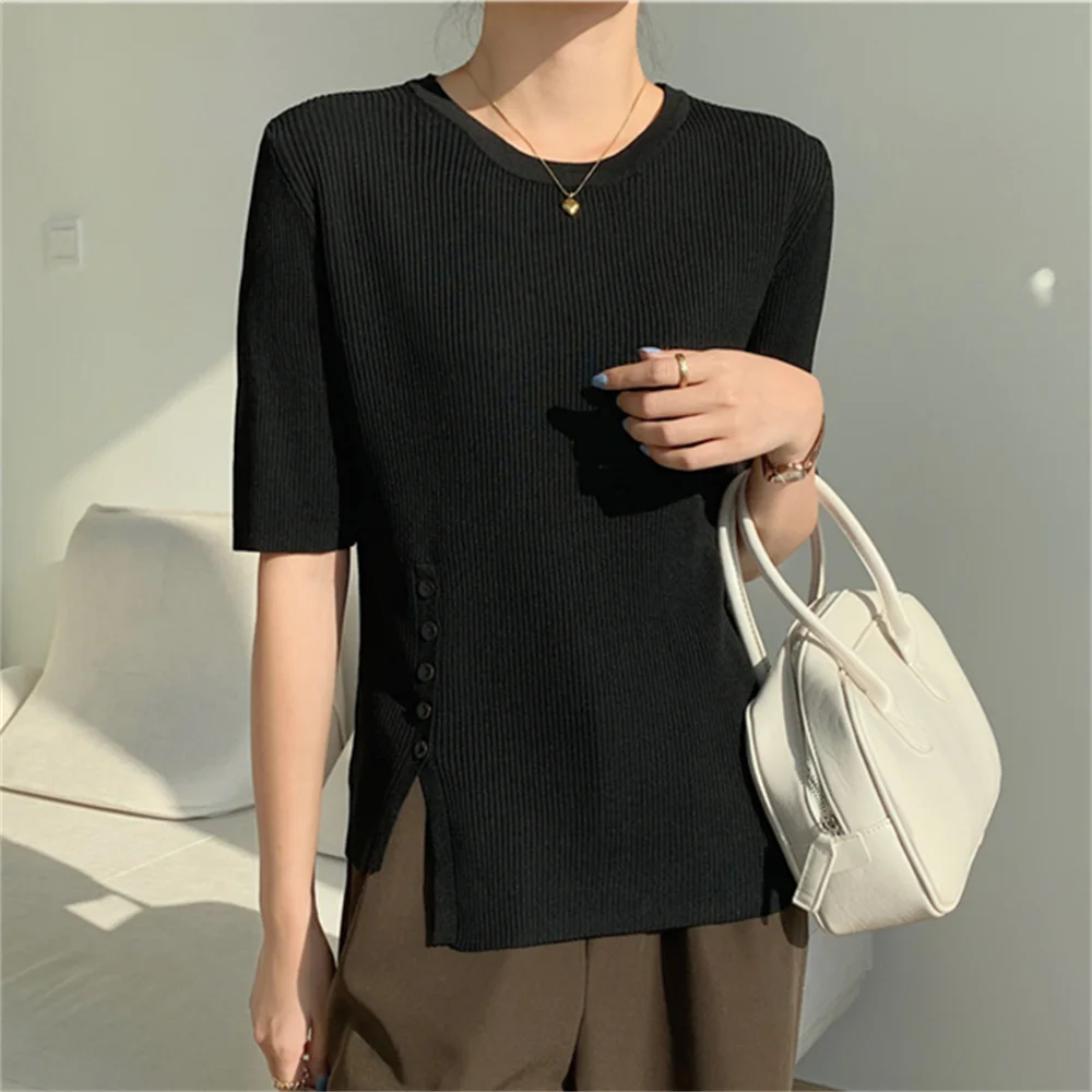 

PLAMTEE Women Split Knitted Slim Sweaters Tees Summer Bottom Chic 2022 Short Sleeve Casual New All Match Solid Fashion OL Tops