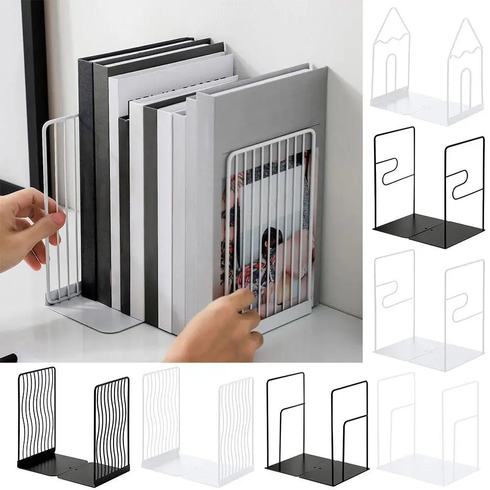 

1 PC Bookends Black White Simple Wrought Iron Book Stand Metal Student Office Desk Storage Shelf Holder Book Magazine Organizer