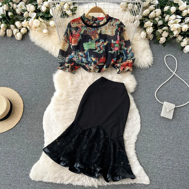 

Fashion printed thin Chiffon Top + high waist stitched lace fishtail skirt fashionable two piece set 2 piece sets womens outfits