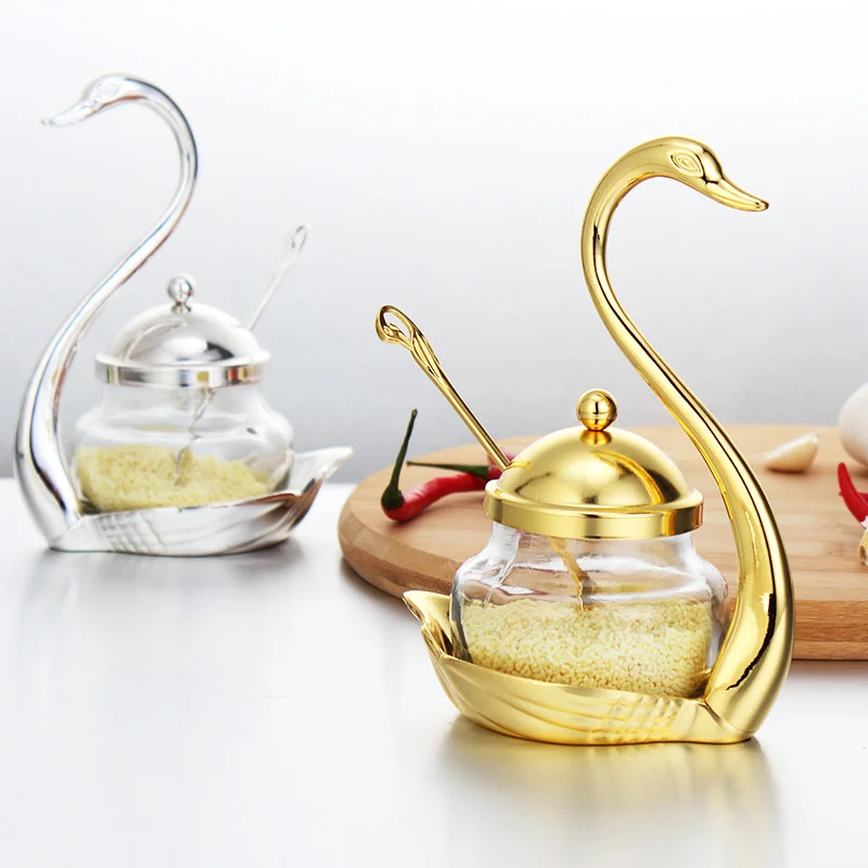 

Creative Swan Aluminum Condiment Pot Set Seasoning Container Alloy Spice Glass Jar Salt Sugar Bowl Pepper Coffee Organizer