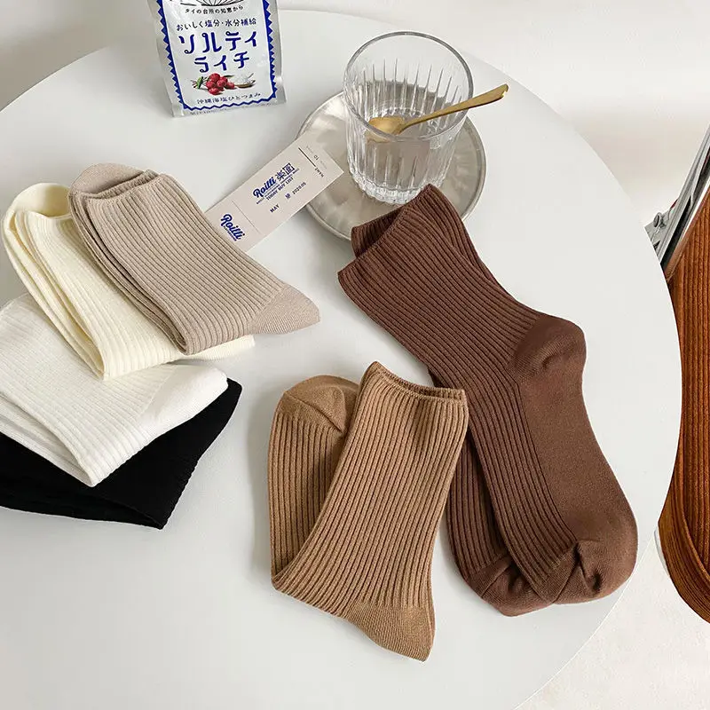 

6 Pairs/Lot women's Socks middle tube pile socks autumn and winter style all-match outer wear vertical strip solid color socks