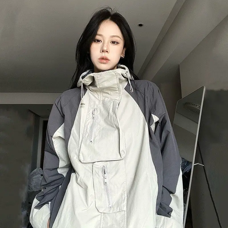 

Y2K Women Techwaer Korean Streetwear Hooded Jacket Zipper Windbreaker Sweatshirt Oversizer Outwear Trench Coats Tops Alt Clothes