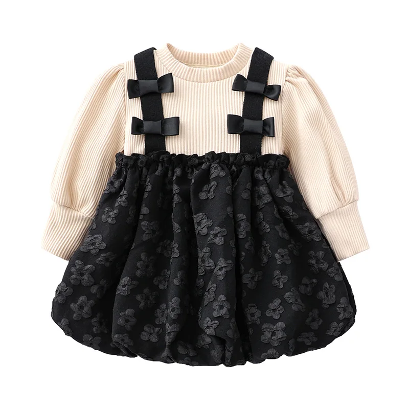 

Spring and Autumn New Kids Clothing Children's Casual Dress Cute Bow Tie Infant Long Sleeve Dress Outing Baby Girl Clothes