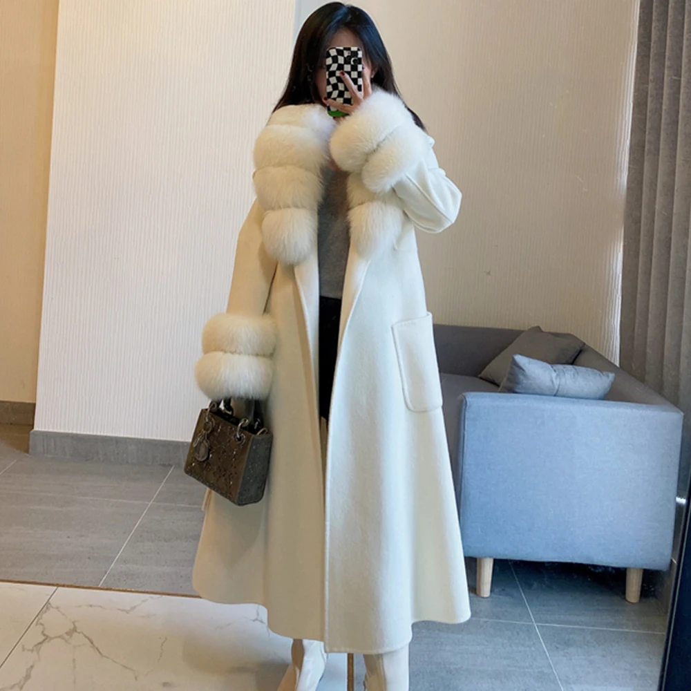 Women Winter Real Fur Coat X-long Woolen Jacket Cashmere Wool Blends Luxury Overcoat Belt Natural Fox Fur Collar Cuff Streetwear