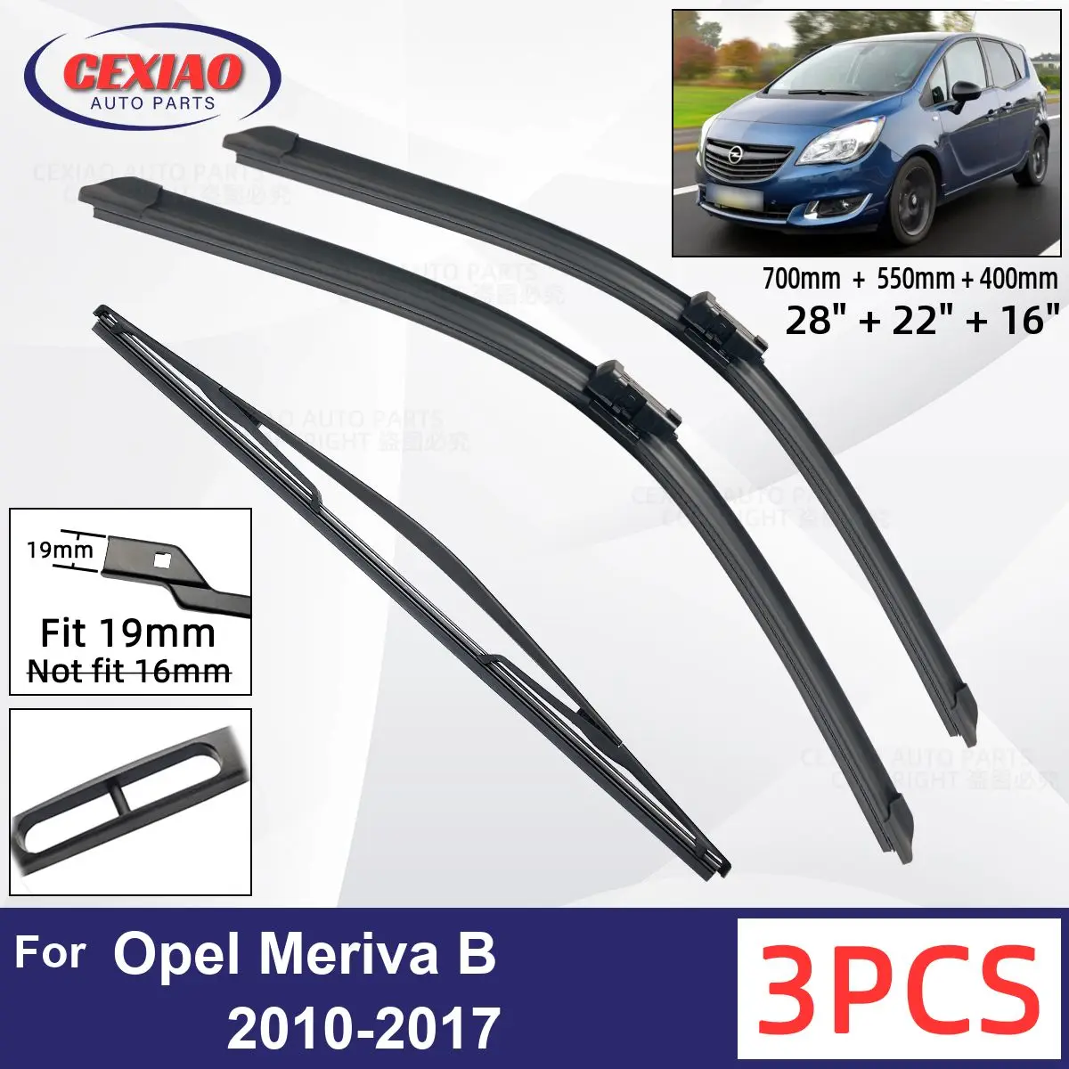 

For Opel Meriva B 2010-2017 Car Front Rear Wiper Blades Soft Rubber Windscreen Wipers Auto Windshield 28"+22"+16" 2014 2015 2016