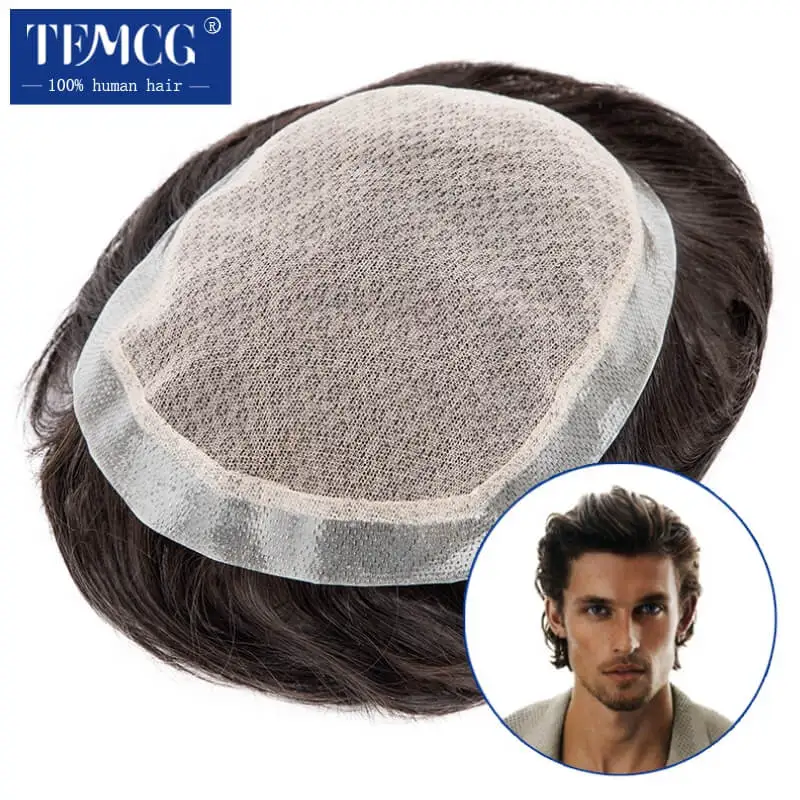Men Toupee Silk Base and PU Breathable Lace Hand Tied Man Wig 100%  Human Hair Male Hair Prosthesis Durable Exhuast System