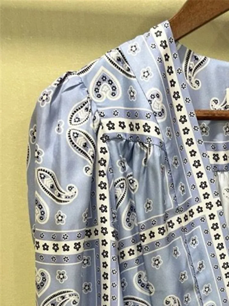 Женское винтажное платье с поясом до середины икры принтом V-образным вырезом