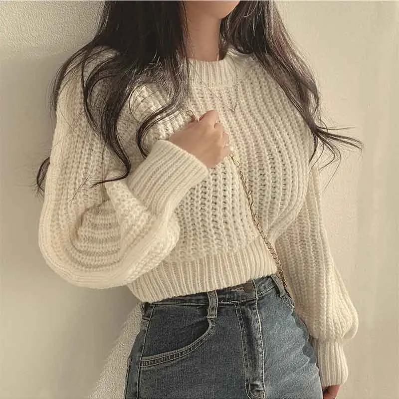 

Zoki Autumn Knit Short Sweaters Fashion Sexy Hollow Out Long Sleeve O Neck Solid Pullover Loose Korean All Match Crop Jumper New