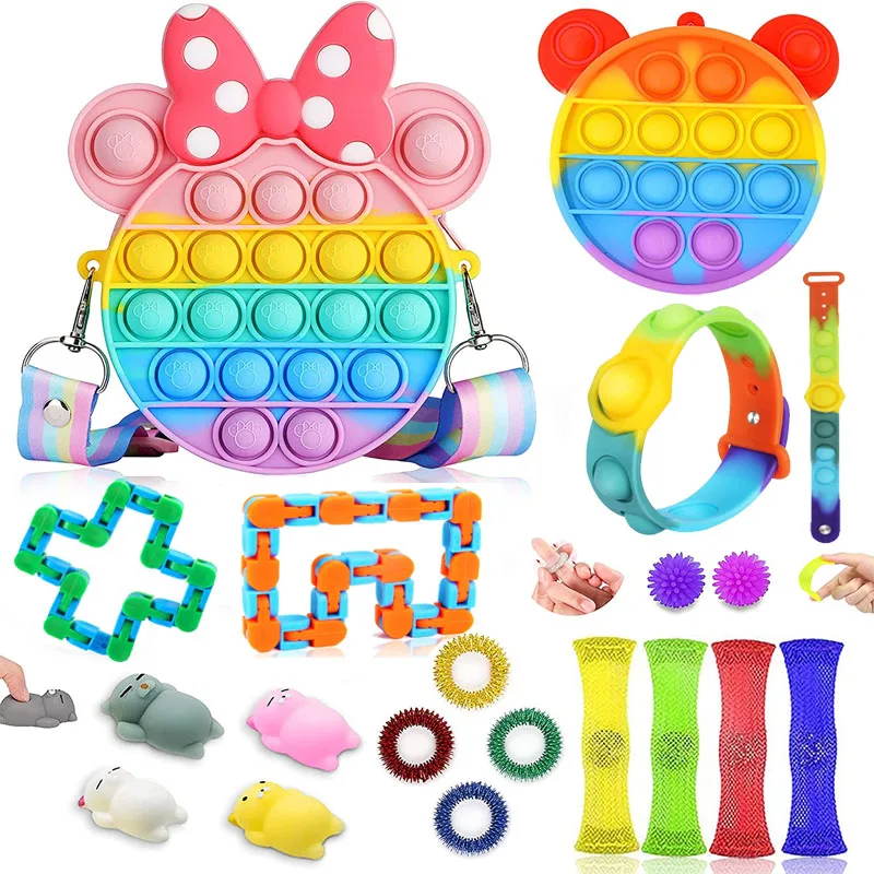 

19pcs Rainbow Crossbody Bag Fidget Toy Set Squishy Animal Squeeze Toys Girls Bracelet Wacky Tracks Children Birthday Gifts Pack