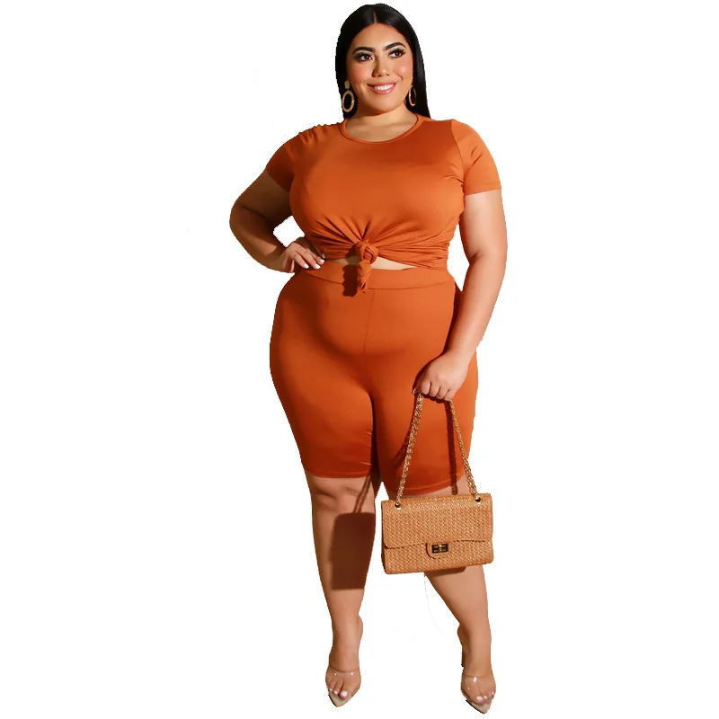 Womens Two Peice Sets Plus Size O-Neck Solid Knee-length Plus Size Matching Sets Short Slim Fit Casual Elastic Waist High Waist