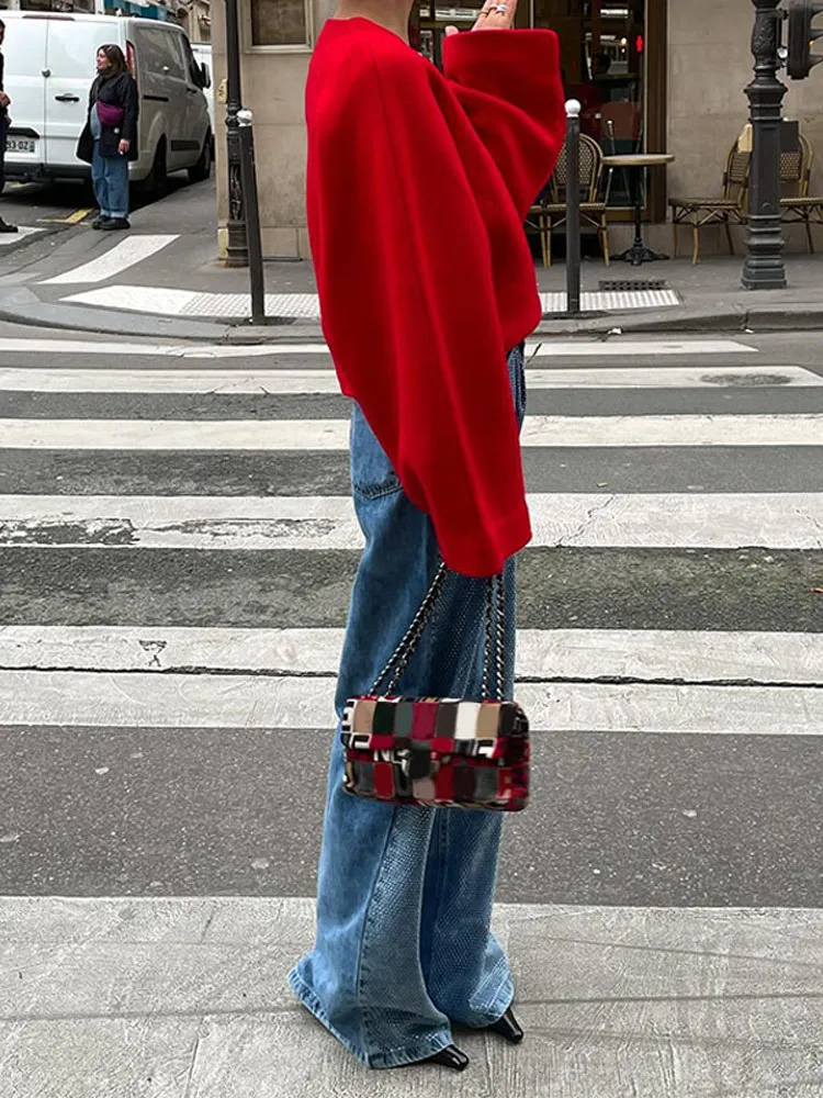 Женский свитер в стиле ретро красный Свободный пуловер с V-образным вырезом и