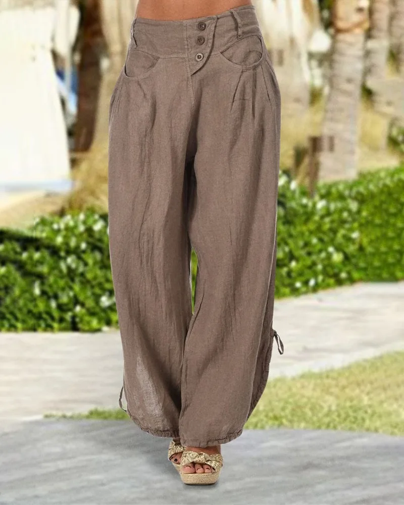 Button Pocket Design Drawstring Wide Leg Pants Women Solid Color High Waist Fashion Casual Loose Pants Trousers