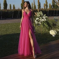 sexy pink deep v neck evening dress spaghetti tulle high slit formal women prom gowns open back long wedding party dresses