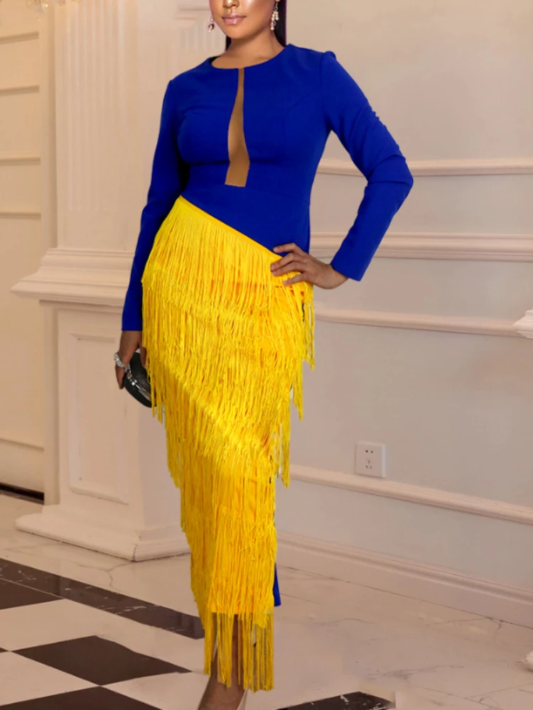 

Women Maxi Dress Blue Yellow Tassels Patchwork Party Long Sleeve Cut Out Celebrate Event Tight Bodycon Sexy Prom Occasion Robes