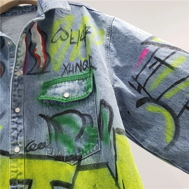 Куртка женская джинсовая с длинным рукавом винтажный пиджак из денима принтом