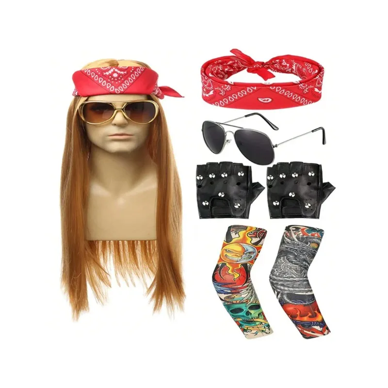 7 шт. 70-х 80-х годов Рокерский костюм Тяжелый металл Парик Мужчины Женщины Хиппи с