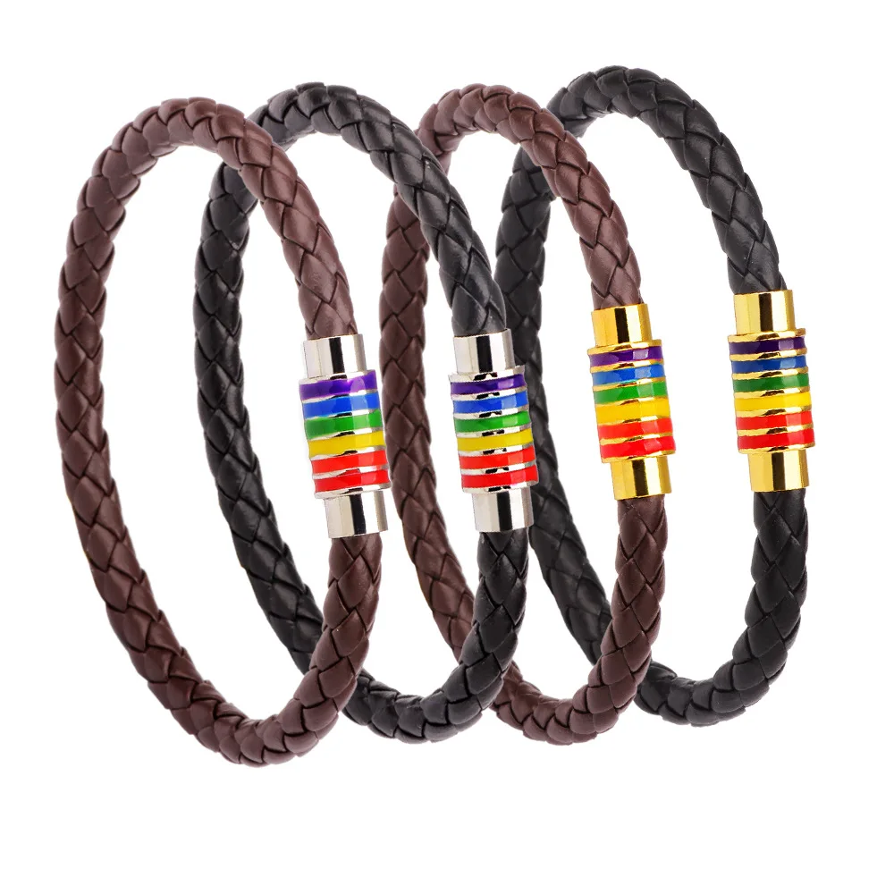 

Men Bracelet Leather with Metal Retro Braided Round Rope Bangles Colorful Copper Magnetic Buckle Male Bracelets Jewelry