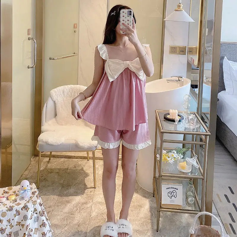 Women Pajamas Summer Shorts Kawaii Pajama Lovely Bow Front Sleeveless Pijamas Two Piece Set Summer Cotton Homewear New Sleepwear