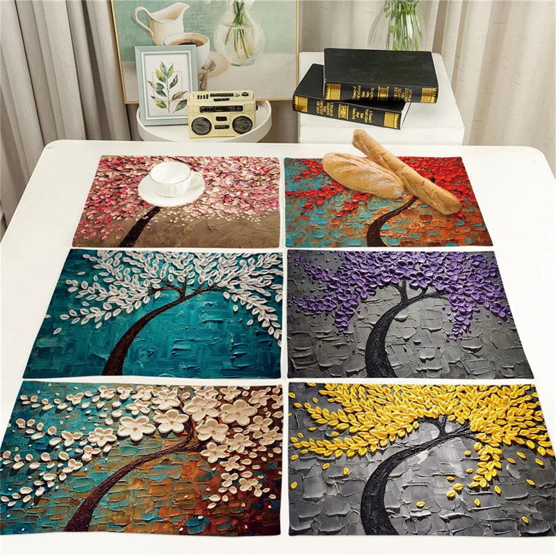 

32x42cm Nordic Ins Vintage Tree Pattern Place Mat Cotton Linen Flower Plant Kitchen Dining Table Mat Coaster Pad Hoom Decor