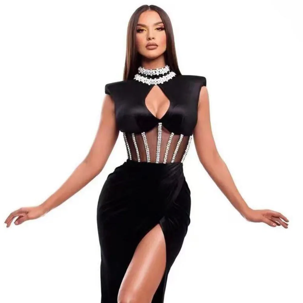 

High Quality Summer Elegant Mesh Patchwork Beading Diamonds Slim Bandage Dress Celebrity Designer Fashion Party Ddess Vintage