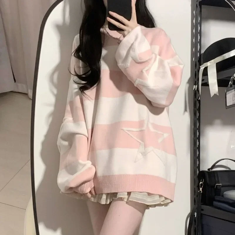 Японские розовые полосатые контрастные цветные свитера со звездами модная