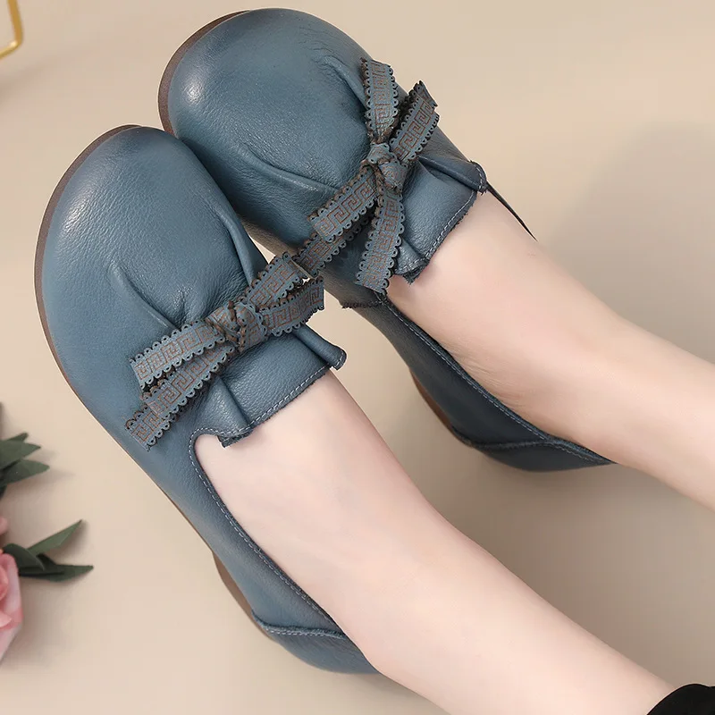 Luxury Green Ballet Flats Comfortable Elegant Women's Shoes Genuine Leather Loafers Ladies Bowknot Woman Soft Blue Moccasins