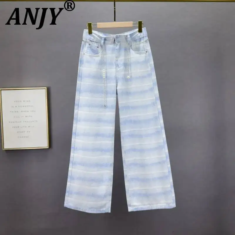 Фото ANJY Новые женские модные джинсы с полосками и цепочкой, прямые, тонкие, из денима, свободные, повседневные, в уличном стиле, облегающие, A23824 №1