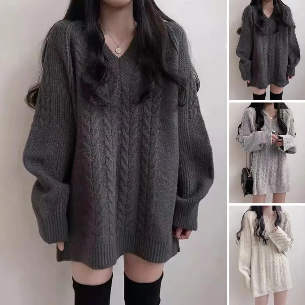 

Повседневный свободный свитер, уютный стильный женский свитер с V-образным вырезом, мягкий теплый эластичный Топ средней длины для женщин на осень и зиму, легкий