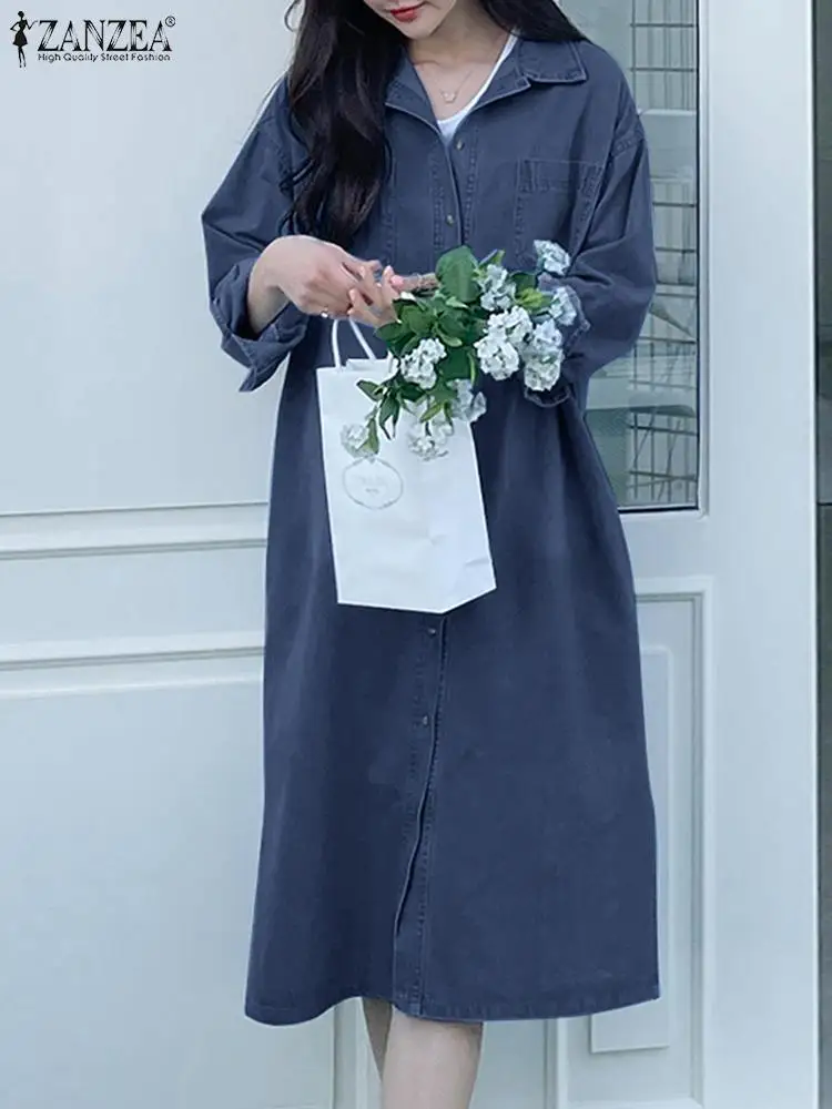 

Платье ZANZEA женское джинсовое средней длины, элегантный повседневный свободный сарафан из денима синего цвета с отложным воротником и длинным рукавом, одежда на осень