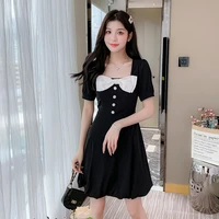 new womens bow button pleated midi dress high waist slim office lady dress summer square neck short sleeve korean dress 861h