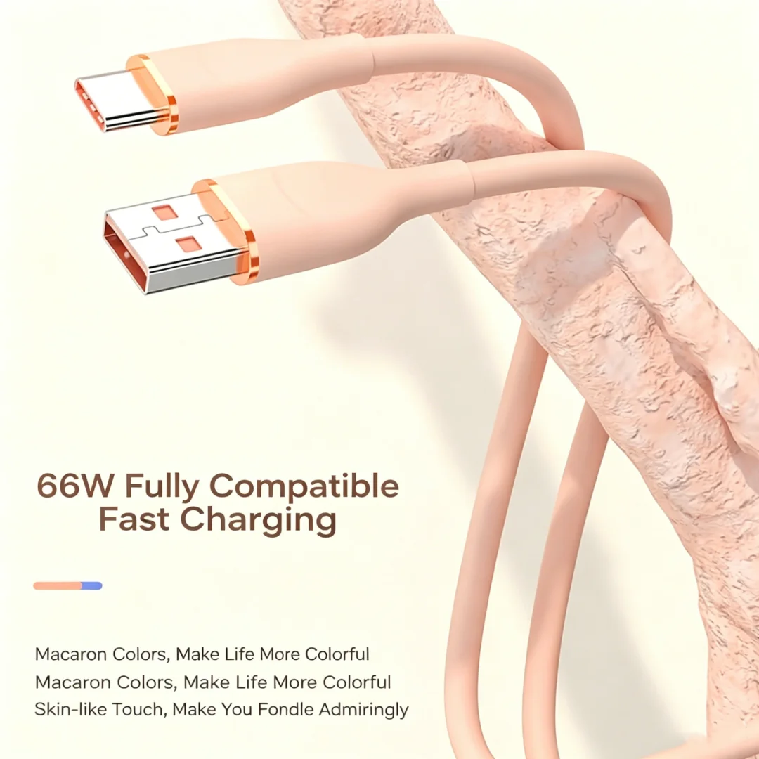 Фото Мягкий силиконовый кабель USB-A на Type-C для быстрой зарядки 66W, устойчивый к спутыванию, резиновый зарядный шнур 1М/2М, 5 цветов, для Xiaomi, iPhone 15 №3