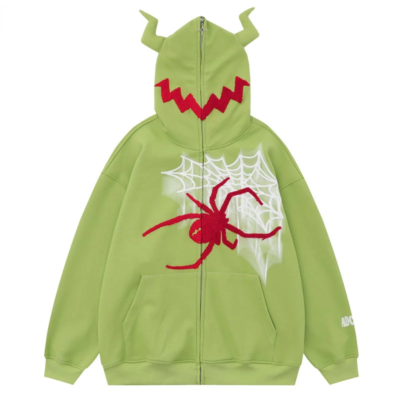 

Hip Hop Devil Horns Hoodie Coat Y2K Harajuku Embroidery Spider Web Full Zip Up Hooded Sweatshirt Streetwear Fashion Emo Coats