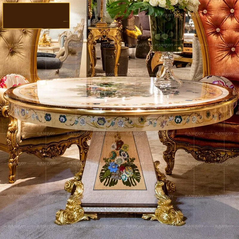 

Обеденный стол из массива дерева в европейском стиле для маленькой квартиры, круглый обеденный стол из итальянской роскошной оболочки и паркета из золотой фольги